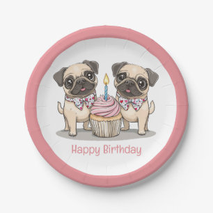 Plato De Papel Feliz cumpleaños, pastelito de perros pug