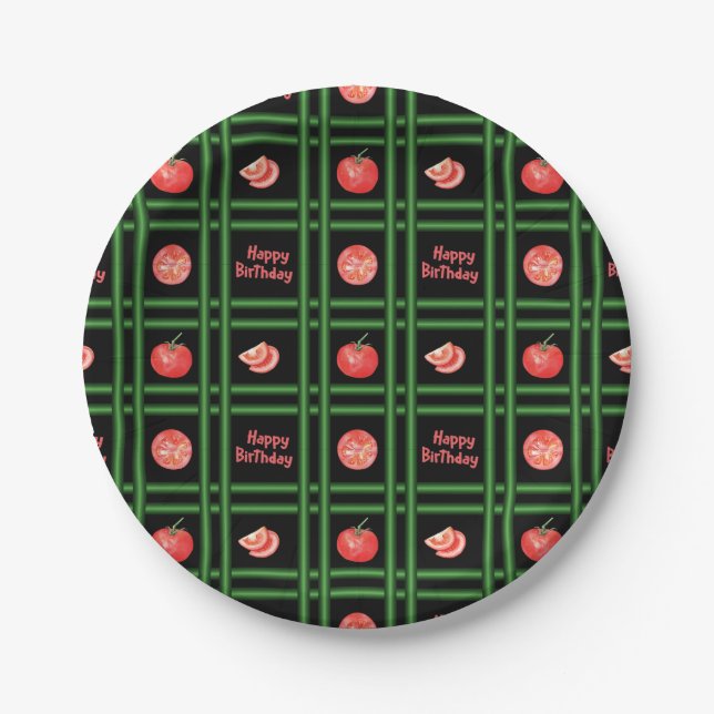 Plato De Papel Feliz cumpleaños - Patrón de tomate fresco (Anverso)