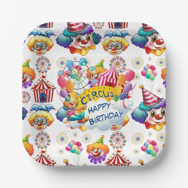 Plato De Papel Feliz Cumpleaños Payasos de Circo (Anverso)