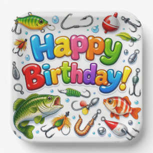 Plato De Papel Feliz Cumpleaños Peces, Cebos y Anzuelos