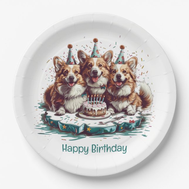 Plato De Papel Feliz cumpleaños Pembroke Welsh Corgi Dogs (Anverso)