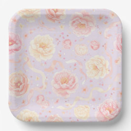 Plato De Papel Feliz cumpleaños, Peonies Shabby Chic