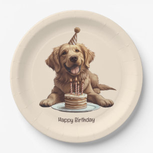 Plato De Papel Feliz cumpleaños, perro de la recuperación de oro