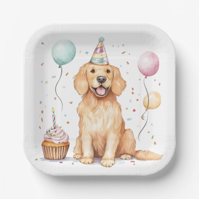 Plato De Papel Feliz cumpleaños, perro de la recuperación de oro (Anverso)
