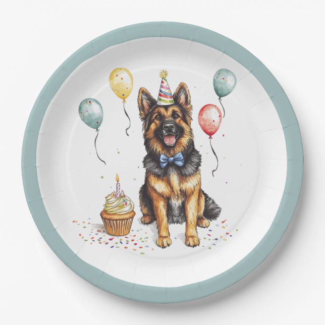 Plato De Papel Feliz cumpleaños perro pastor alemán (Anverso)