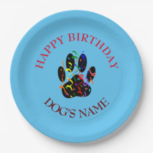 Plato De Papel Feliz cumpleaños Perro Paw Confetti