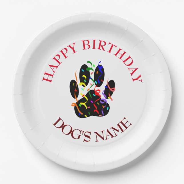 Plato De Papel Feliz cumpleaños Perro Paw Confetti (Anverso)