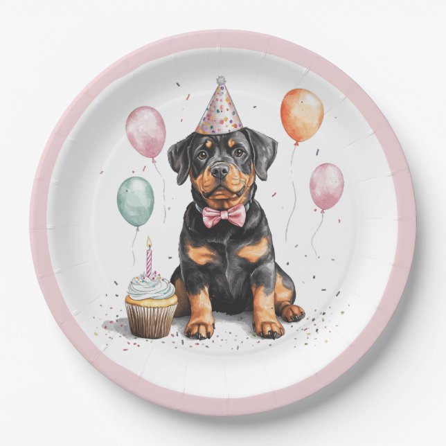 Plato De Papel Feliz Cumpleaños Perro Rottweiler (Anverso)