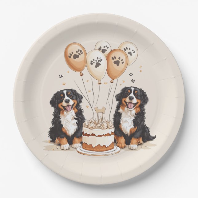 Plato De Papel Feliz cumpleaños, perros de montaña de Bernese (Anverso)