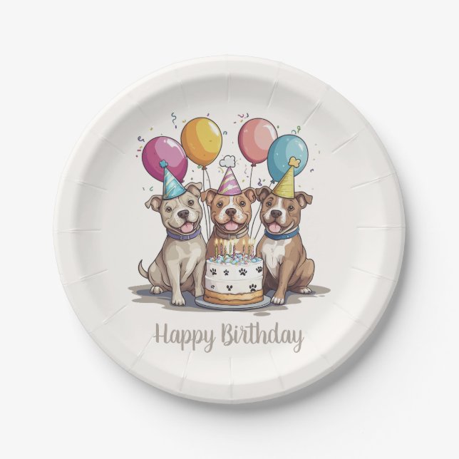 Plato De Papel Feliz Cumpleaños Perros Pit Bull (Anverso)