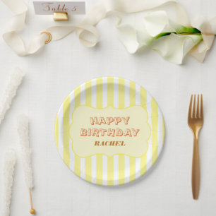 Plato De Papel Feliz Cumpleaños Personalizado con Raya Amarilla 