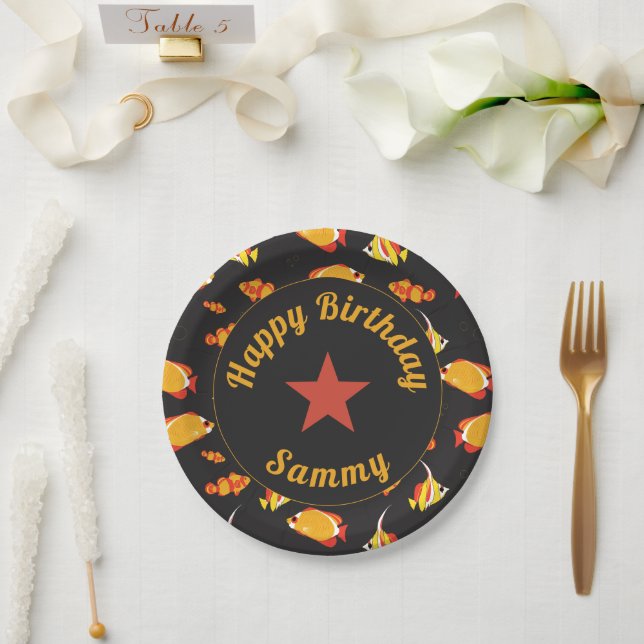 Plato De Papel Feliz Cumpleaños Pez Tropical (Boda)