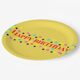Plato De Papel Feliz cumpleaños Polka Dots Yellow