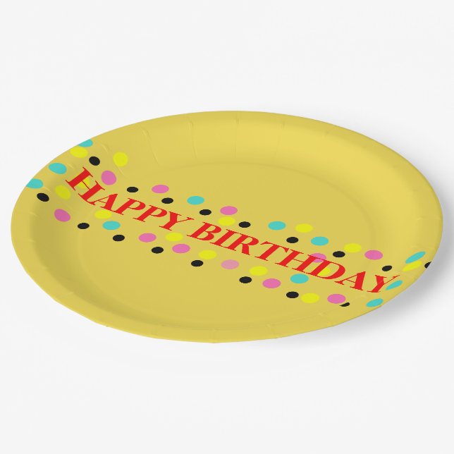 Plato De Papel Feliz cumpleaños Polka Dots Yellow (Angular)