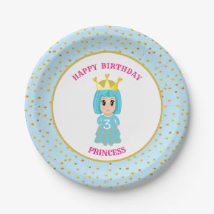 Plato De Papel Feliz Cumpleaños Princesa & Confeti Dorado