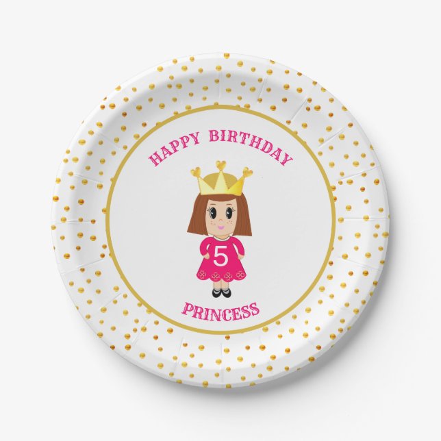 Plato De Papel Feliz Cumpleaños Princesa & Confeti Dorado (Anverso)