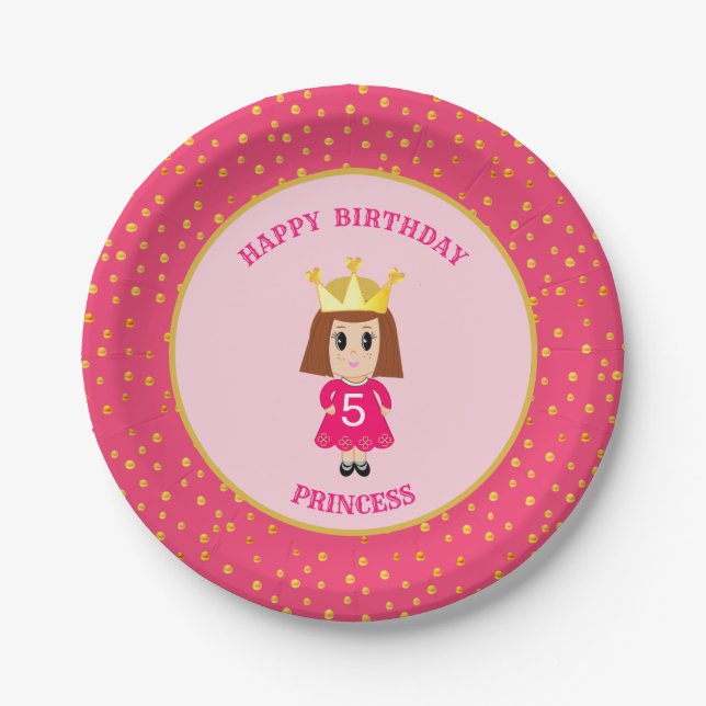 Plato De Papel Feliz Cumpleaños Princesa & Confeti Dorado (Anverso)