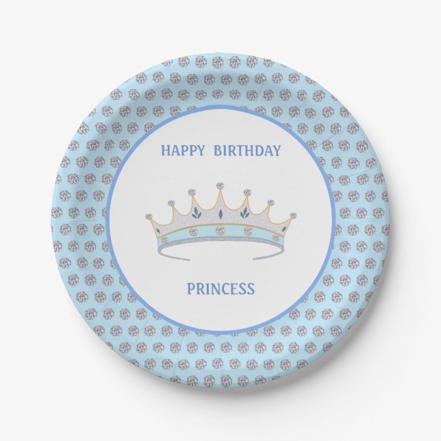 Plato De Papel Feliz Cumpleaños Princesa & Tiara & Confeti de Dia (Anverso)