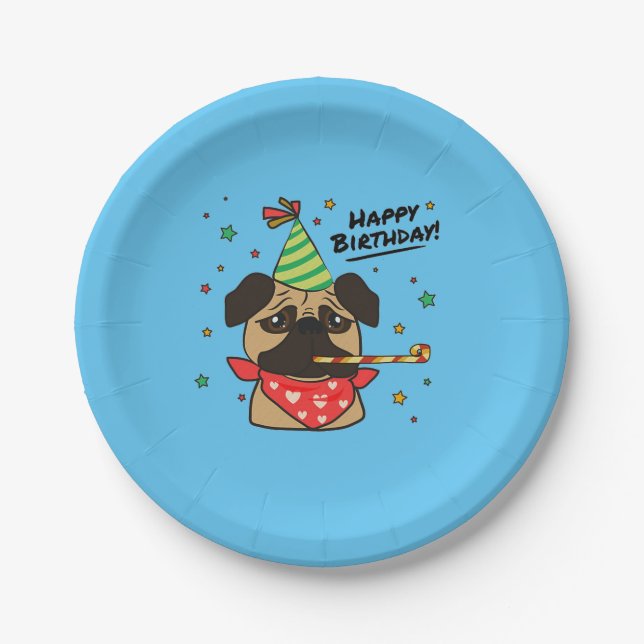 Plato De Papel Feliz cumpleaños Pug Boy (Anverso)