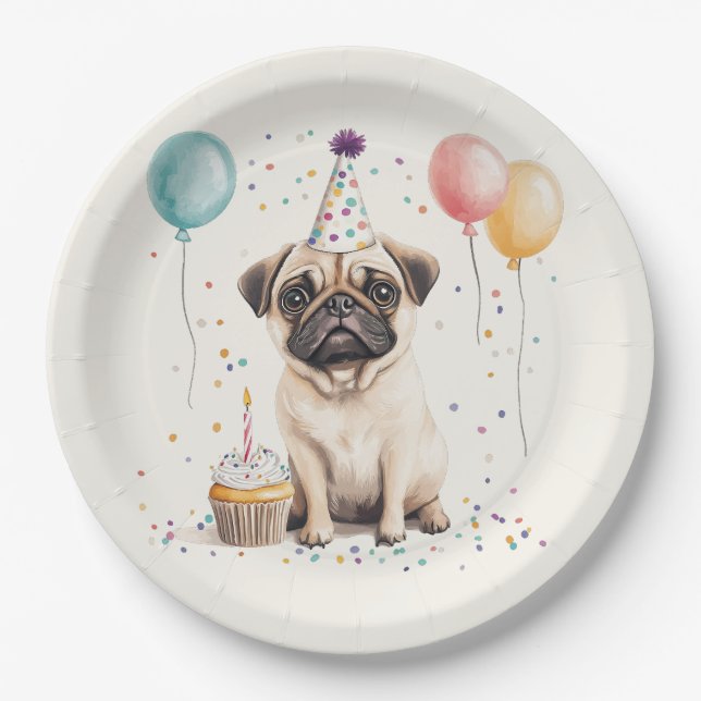 Plato De Papel Feliz Cumpleaños Pug Perro (Anverso)