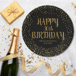 Plato De Papel Feliz cumpleaños Purpurina de oro de cualquier año<br><div class="desc">Celebra un gran cumpleaños con estos divertidos platos de papel con el nombre de chicas/niños de cumpleaños y el año de cumpleaños puesto contra un fondo negro acentuado con falsos gorriones de purpurina de oro. Divertido y festivo - perfecto para cualquier celebración de cumpleaños.</div>