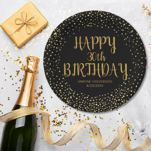 Plato De Papel Feliz cumpleaños Purpurina de oro de cualquier año