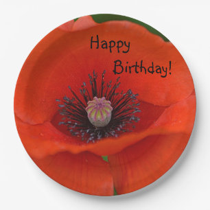 Plato De Papel Feliz cumpleaños Red Poppy