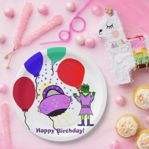 Plato De Papel Feliz cumpleaños Robot verde Pink Purple Spaceship