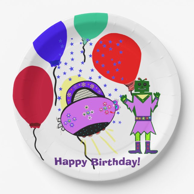 Plato De Papel Feliz cumpleaños Robot verde Pink Purple Spaceship (Anverso)
