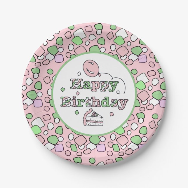 Plato De Papel Feliz cumpleaños rosa y verde (Anverso)