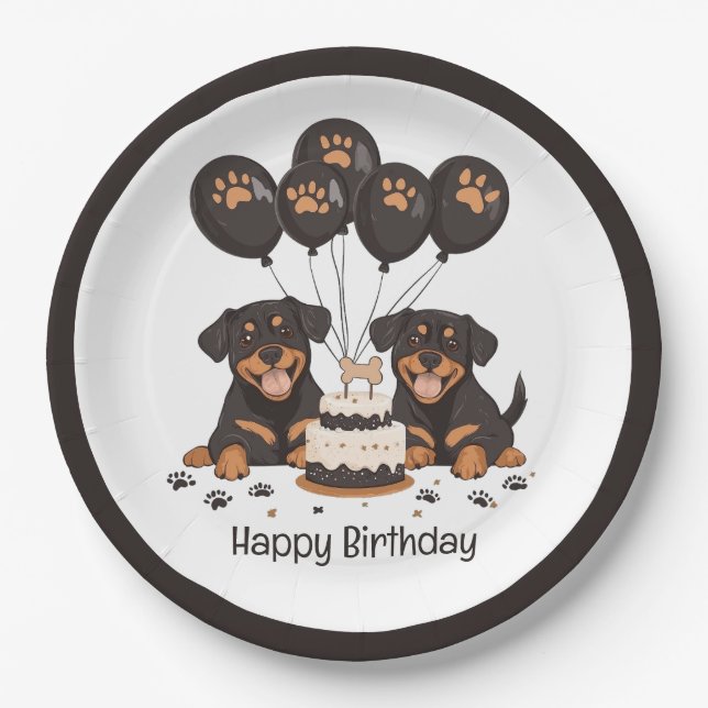 Plato De Papel Feliz cumpleaños Rottweiler Dogs (Anverso)
