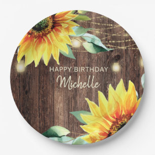 Plato De Papel Feliz cumpleaños Rustic Wood Sunflowers String Lig