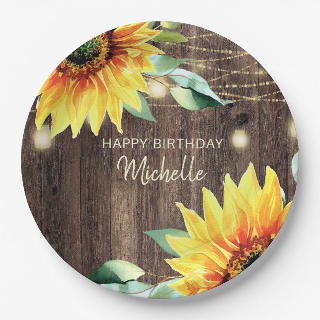 Plato De Papel Feliz cumpleaños Rustic Wood Sunflowers String Lig (Anverso)