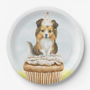 Plato De Papel Feliz cumpleaños Sheltie Pup Cake