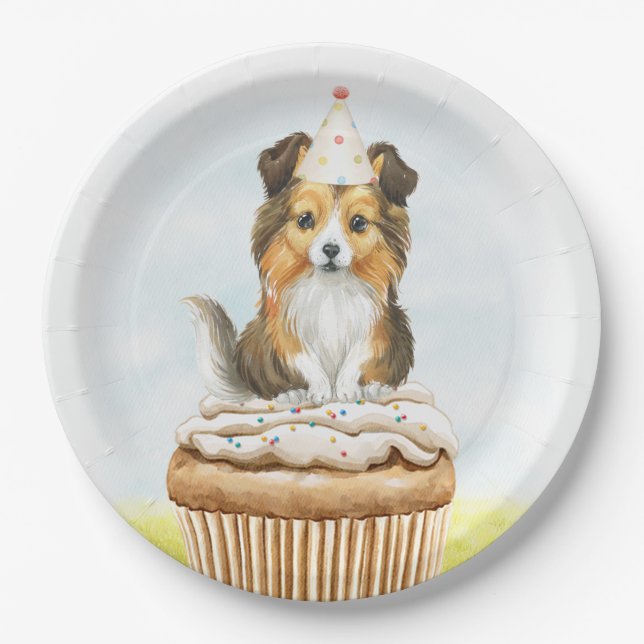 Plato De Papel Feliz cumpleaños Sheltie Pup Cake (Anverso)