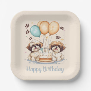 Plato De Papel Feliz cumpleaños Shih Tzu Dogs Pastel de cumpleaño