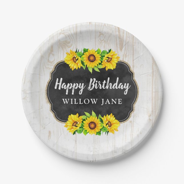 Plato De Papel Feliz cumpleaños Sunflower & Rustic Wood Decoració (Anverso)