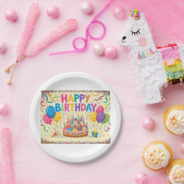 Plato De Papel Feliz cumpleaños tarjeta brillante fuerte en blanc