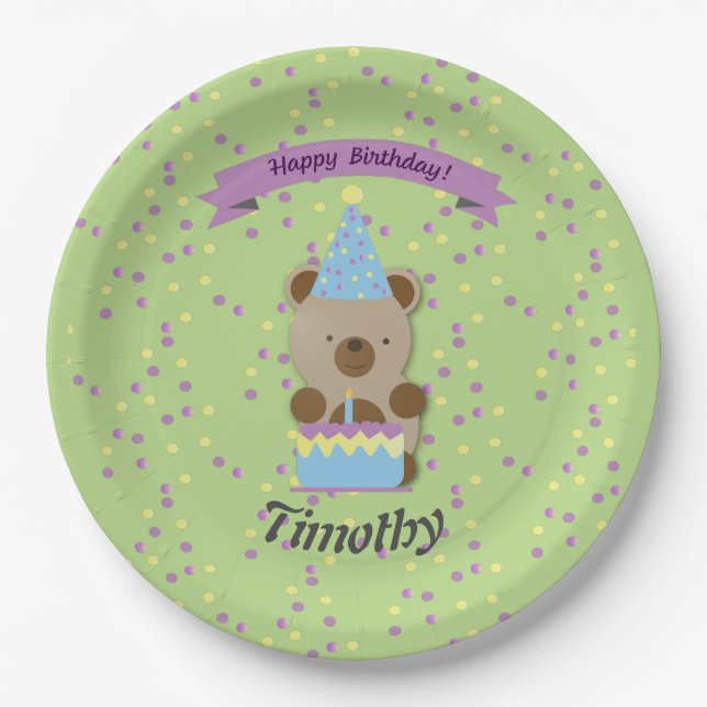 Plato De Papel Feliz cumpleaños Teddy Bear (Anverso)