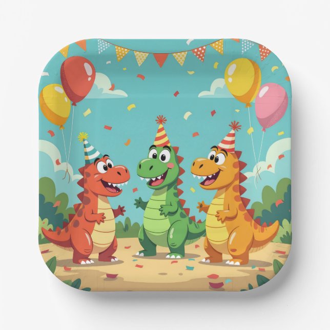 Plato De Papel Feliz cumpleaños tema dinosaurios (Anverso)