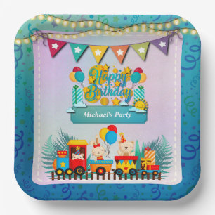 Plato De Papel Feliz Cumpleaños Tren Con Deseos De Animales Lindo