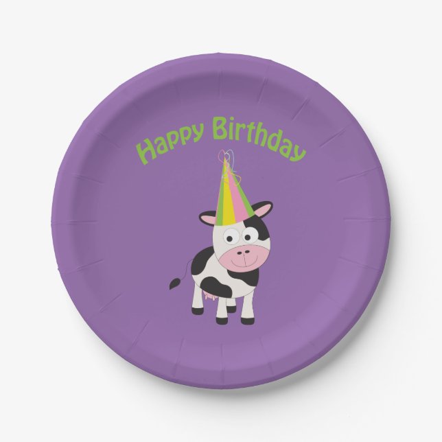 Plato De Papel ¡Feliz cumpleaños! Vaca fiesta (Anverso)