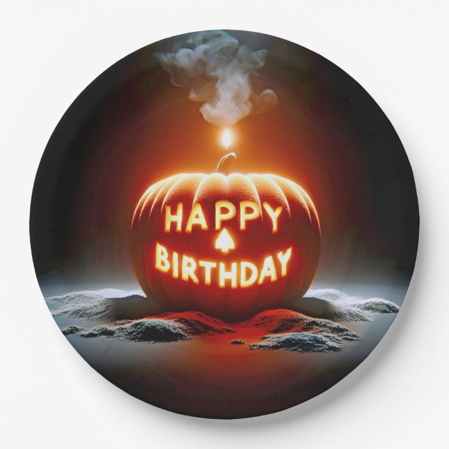 Plato De Papel Feliz cumpleaños, vela Jack-o-lantern (Anverso)