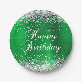 Plato De Papel Feliz Cumpleaños Verde con Brillo de Plata