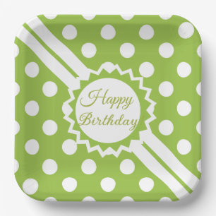 Plato De Papel Feliz Cumpleaños Verde Y Blanco Lunares 