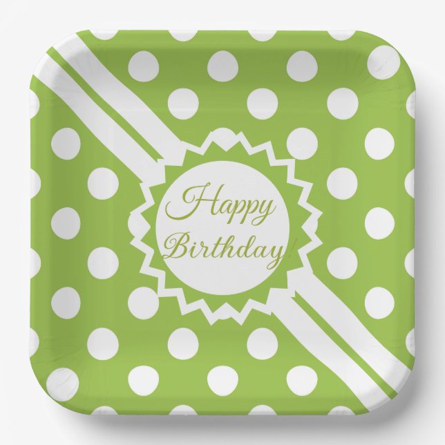 Plato De Papel Feliz Cumpleaños Verde Y Blanco Lunares  (Anverso)