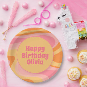 Plato De Papel Feliz cumpleaños Vibe Retro Resumen Swirl 60 años