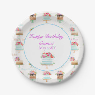 Plato De Papel Feliz cumpleaños Watercolor Floral Cakes