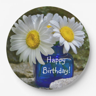 Plato De Papel Feliz cumpleaños White Daisy