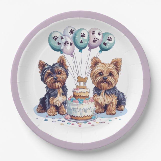 Plato De Papel Feliz cumpleaños Yorkie Dog (Anverso)